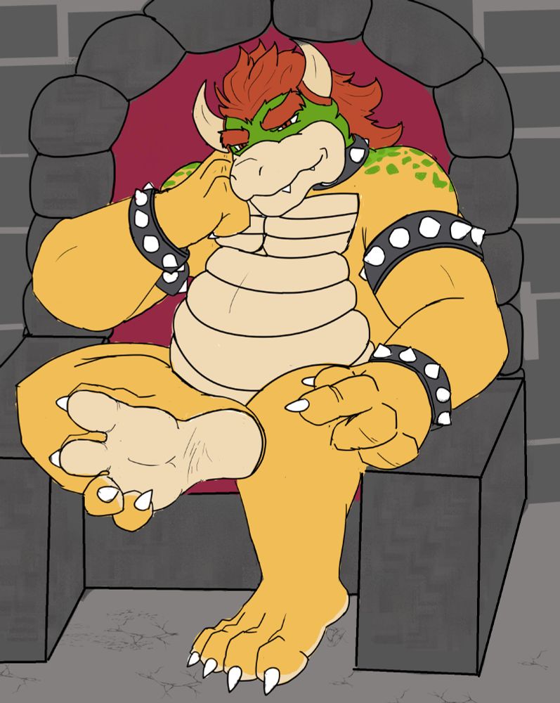 Bowser giving the viewer a knowing look while showing off the soles of his feet. All while sitting on a stone throne with a red cushion