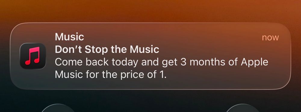 A pop up notification from Apple Music 