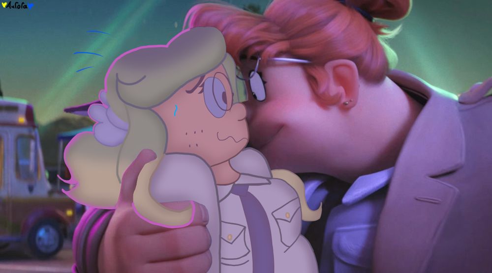 An edited screenshot from The Bad Guys 2 I replaced Mr. Wolf with my insert, Aurora 