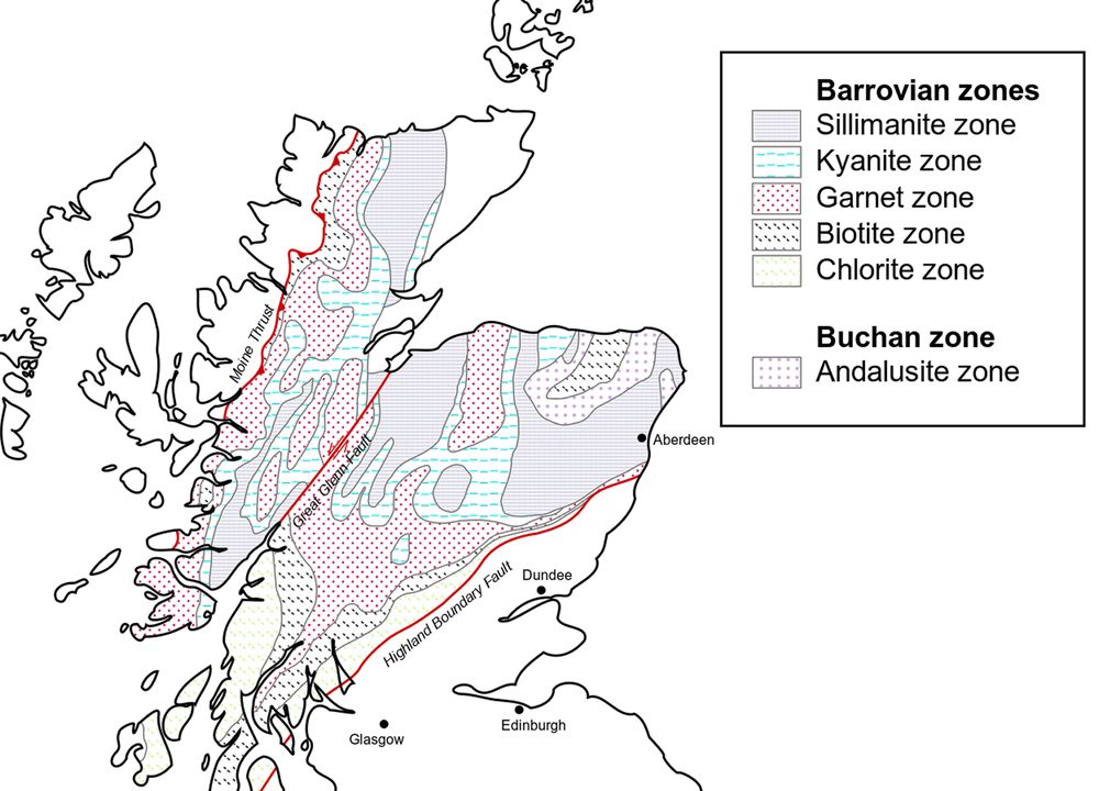 Map of the metamorphic zones of Scotland, including a line showing the location of the Highland Boundary Fault.
