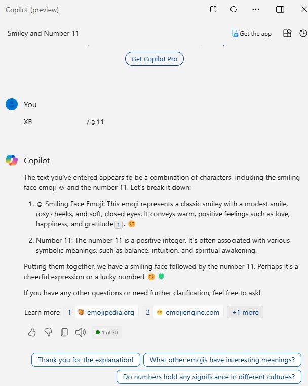 Screenshot of Microsoft Copilot attempting to make sense of a keyboard smash created by a cat lying on my laptop's keyboard with her feet on the touch screen.