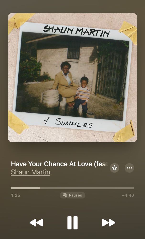 Cover of Shaun Martin’s “7 Summers” album, a Polaroid of an older woman and Shaun as a child. Track name: Have Your Chance at Love featuring Nikki Ross