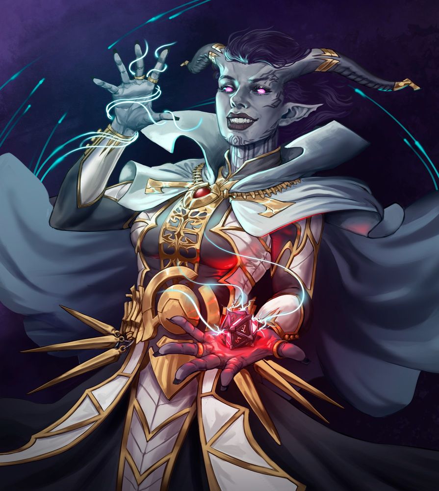 Grey tiefling wizard with a misterious artifact!