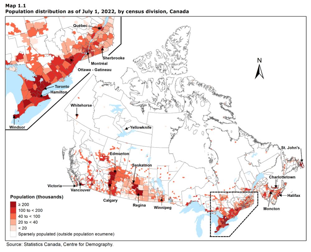 A map of Canada showing population density in 2022. The highest density is in the Windsor-Quebec City corridor with small smatterings of areas in the Western and Atlantic provinces.