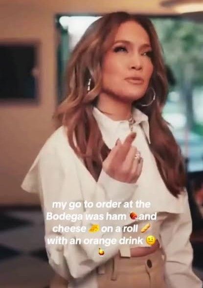 Picture of jlo with her bodega order written as captions. Ham and cheese on a roll with an orange drink