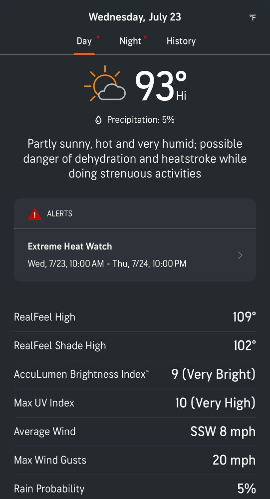 AccuWeather forecast showing a projected heat index of 109°F on Wednesday.