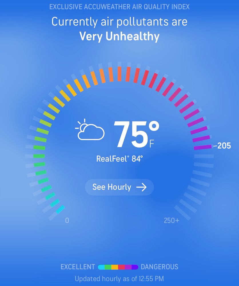 Weather graphic displaying the air quality index, which is at 205- very unhealthy.