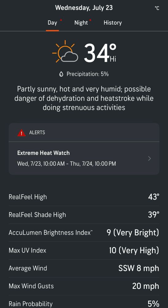 AccuWeather forecast for Wednesday showing a projected heat index of 43°C.  

It’s a-metric (boogie woogie woogie)!