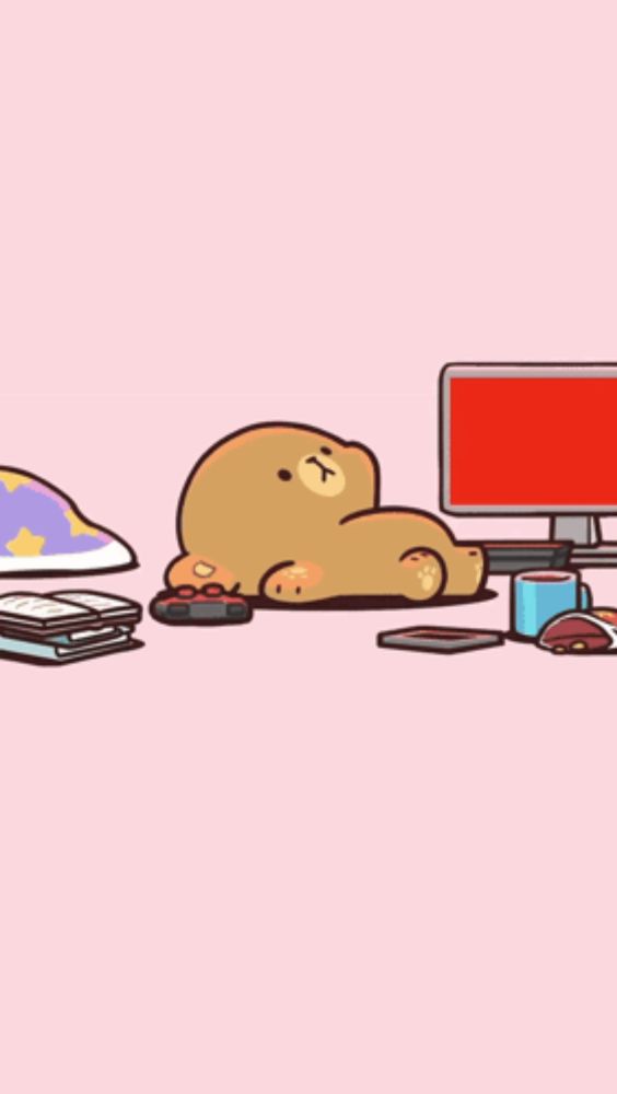 a cartoon of a teddy bear laying on the floor next to a computer