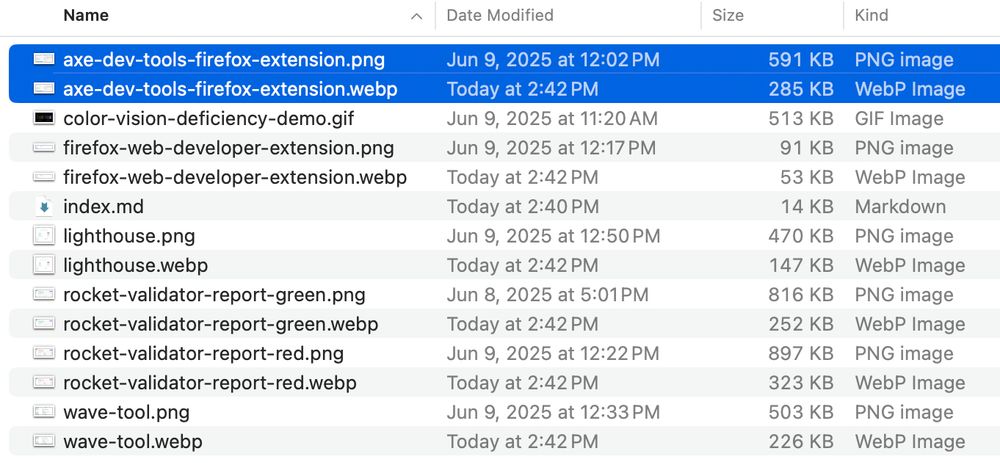 A screenshot of a macOS Finder window in list view, showing a directory containing accessibility-related files. A highlighted PNG file is sized at 591 KB, and the WebP version is 285 KB.