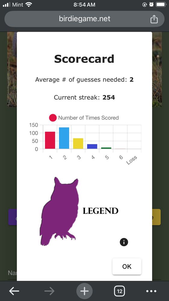 The a bar graph shows the statistics of a daily bird quiz game. Below the graph is a silhouette of a great horned owl designating the quiz taker the title of Legend. 