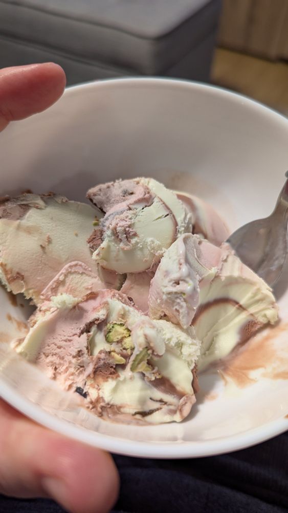 Bowl of Spumoni custard; cherry, chocolate, pistachio swirled