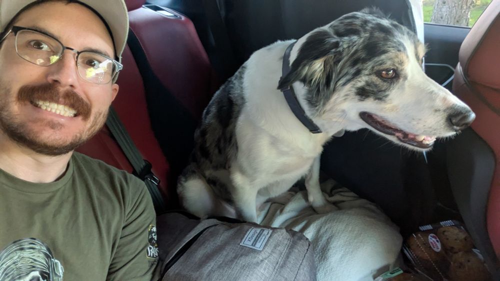 Me with my friend's dog in the back seat of their car