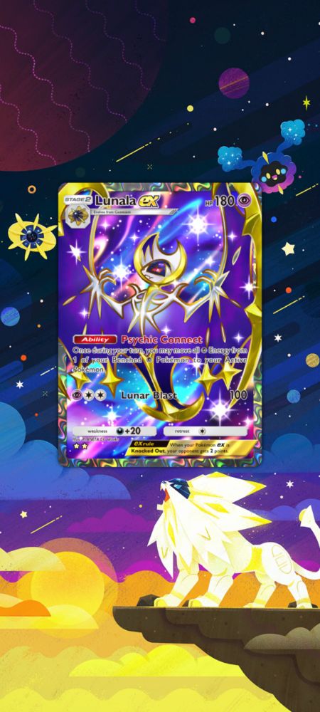 A card and display board combo from Pokemon TCG Pocket. The card is Lunala Ex from the Celestial Guardians set. The display board features pokemon from Lunala's evolution line across a galactic background.