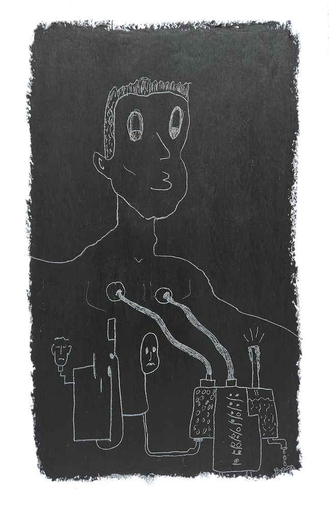 Black and White Oil Pastel Drawing on Paper with a depiction of a man being built and hooked up to a machine with spare heads.