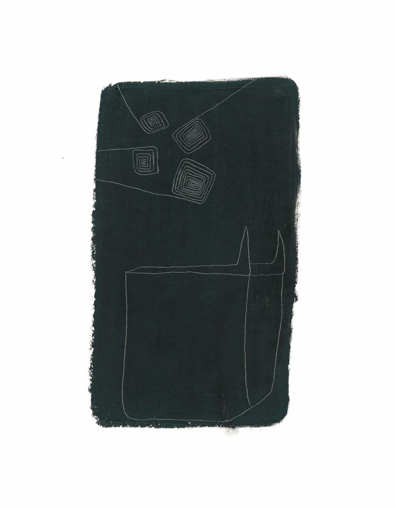 Black and White Drawing of a box with horns and swirls jutting out over the top. 