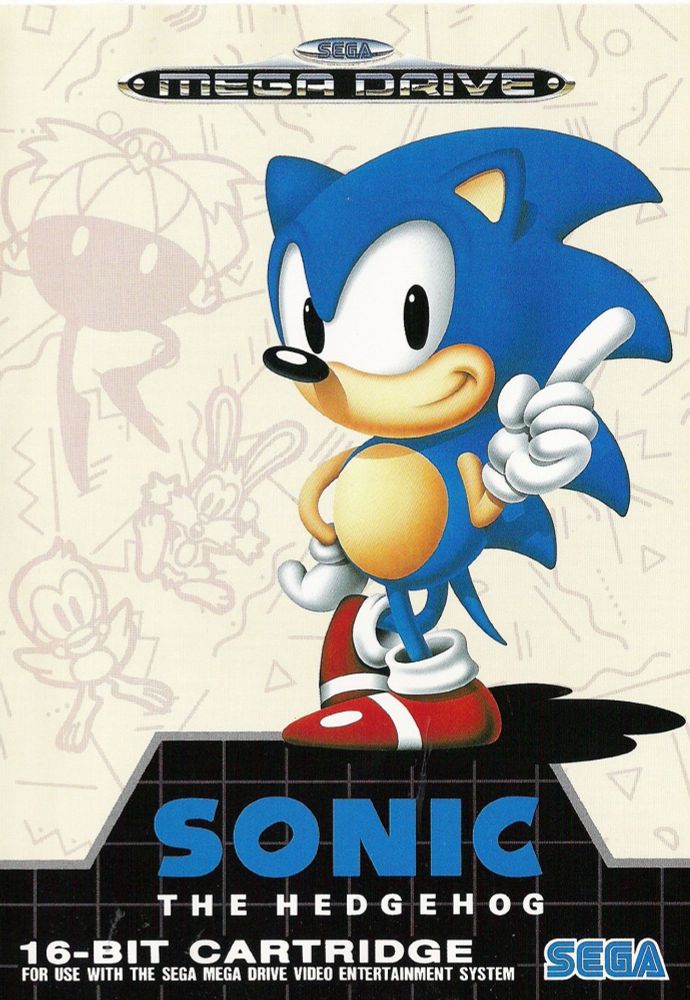 The PAL region cover of Sonic the Hedgehog for the Sega Megadrive/Genesis. It uses JP Sonic clipart but with a heavier contrast between the foreground (Sonic) and the background (Robotnik, Flicky the Songbird and Pockey the Rabbit