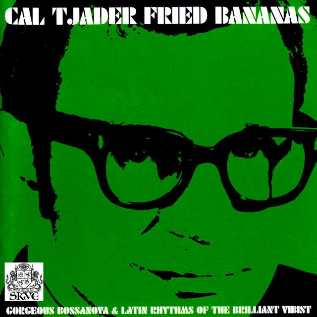 album cover - high contrast photo of Cal Tjader’s face wearing horn-rimmed glasses in monochrome black on green