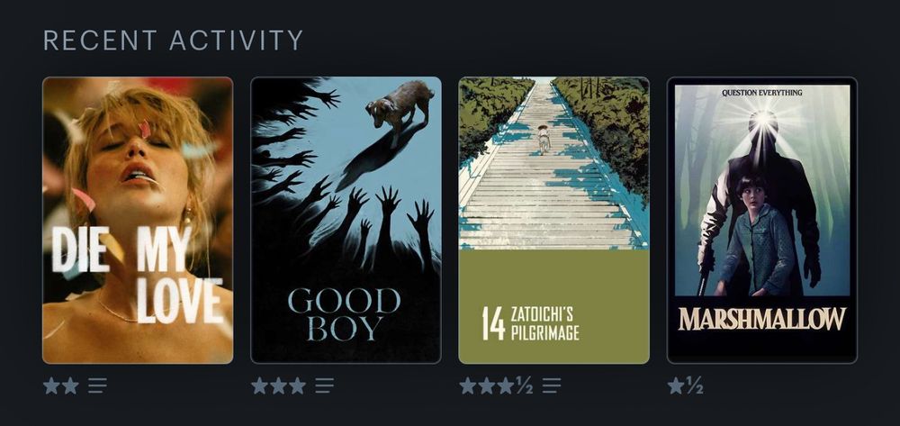 four movie posters: Die My Love (2025), Good Boy (2025), Zatoichi’s Pilgramage (1966), Marshmallow (2025)