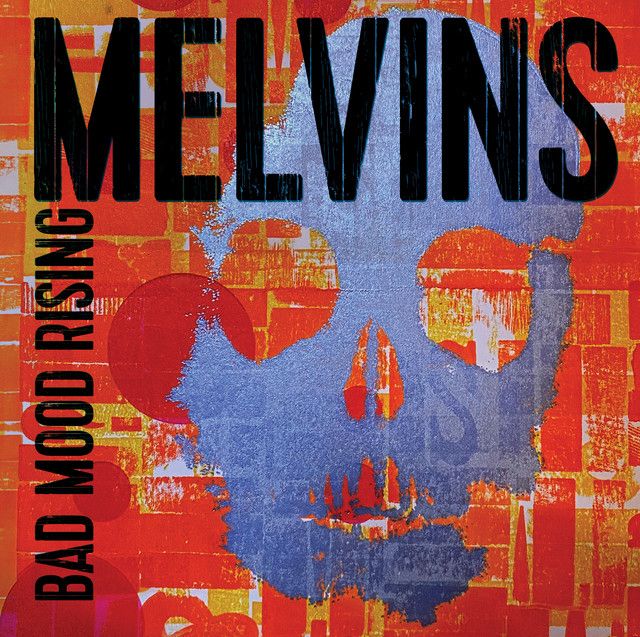 album cover - blue shadow of a skull over background of orange and yellow circles and rectangles
