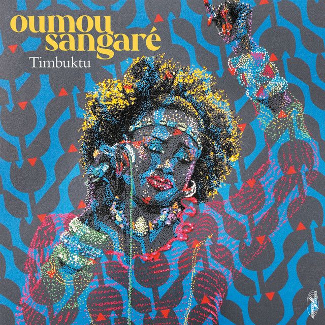 album cover - a woman holding a microphone and raising her other hand. she is drawn in dots, as if in beadwork against a pattern of simply outlines tulips in. jack against blue