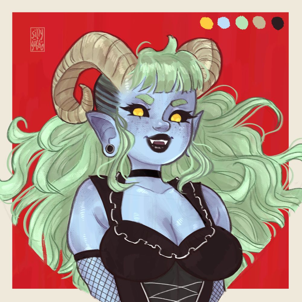a color drawing of a demon with pale blue skin and light green hair, with rams horns, pointy ears, fangs, black lipstick, and a sidecut. they have eyes that have black sclera and yellow irises, and they wear a black dress, black choker, and long black fishnet gloves.

#artfight #art #artfight2025 #artfightteamfossils #artfightfossils #illustration #portrait #digitalart #humanart #humanartist #monstergirl #demon #demongirl
