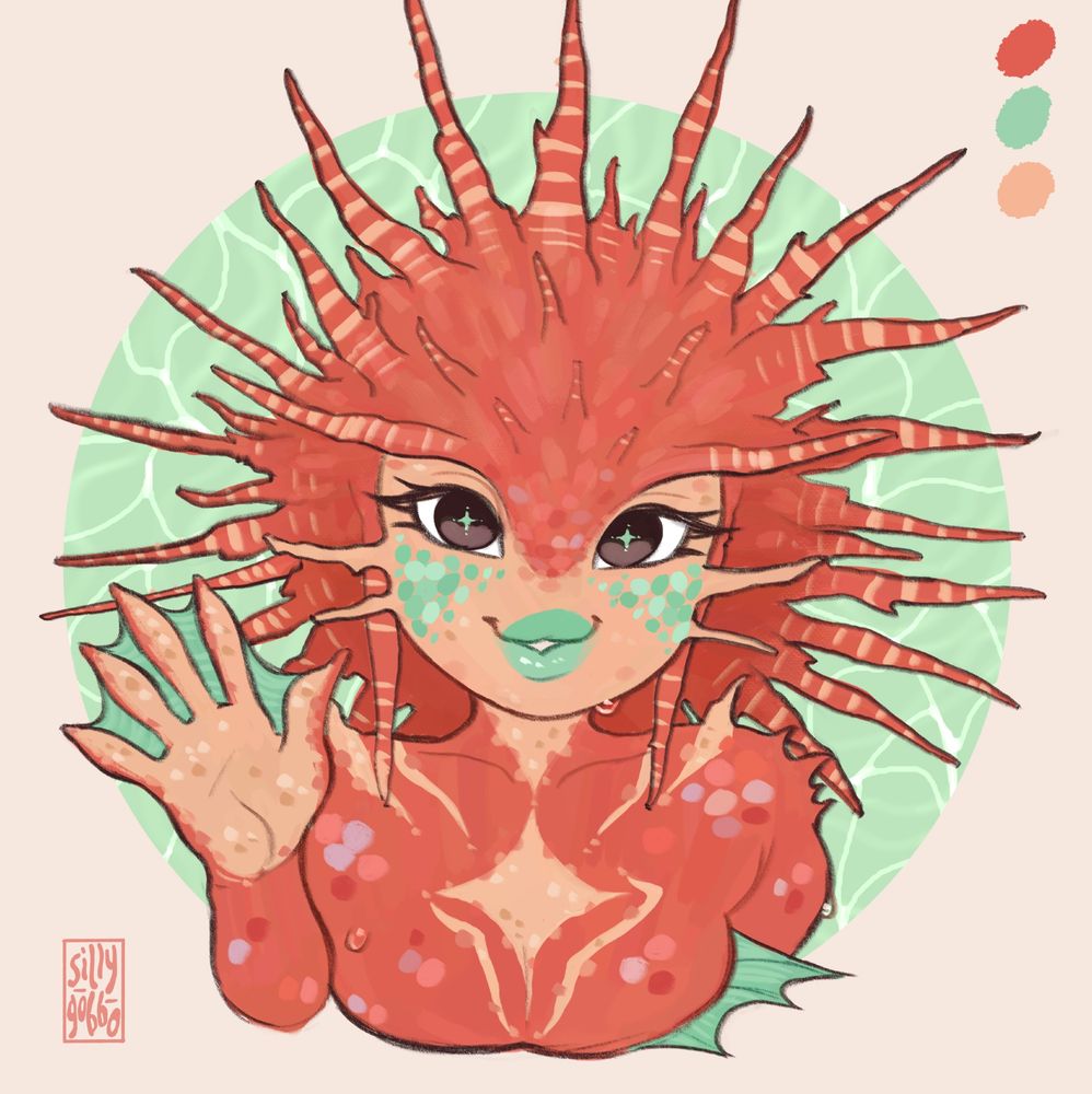 a color drawing of a cute coral-colored mermaid or fishgirl with lionfish-like spines on her head, and lips, webs between her fingers, and scales on her cheeks that are all a light teal color. she waves sweetly at the viewer.

#artfight #art #artfight2025 #artfightteamfossils #artfightfossils #illustration #portrait #digitalart #humanart #humanartist #monstergirl