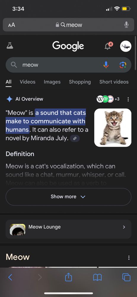 a google search result for “meow” with the ai overview at the top of the results