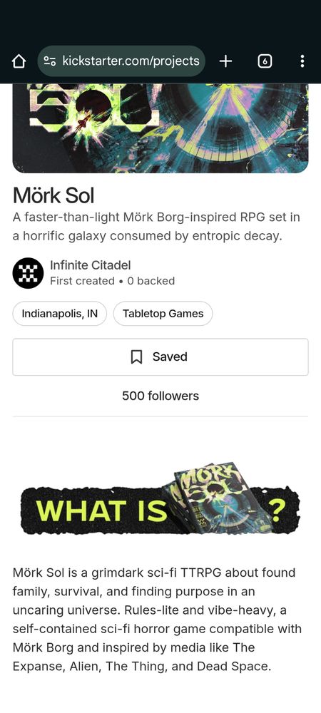 A screenshot of the Mörk Sol Kickstarter preview page that shows 500 followers.