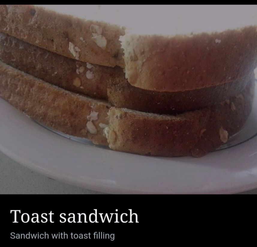 Picture of a piece of toast sandwiched between two slices of bread. Underneath it says "toast sandwich" and "sandwich with toast filling"