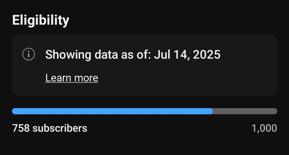 Screenshot of Ash's YT stats for ad revenue eligibility. It reads 758 subscribers out of 1000 needed.