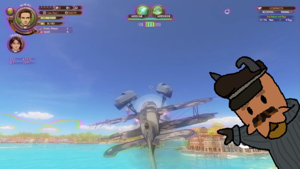 a screenshot of the brew barons. with a very ruined seaplane........