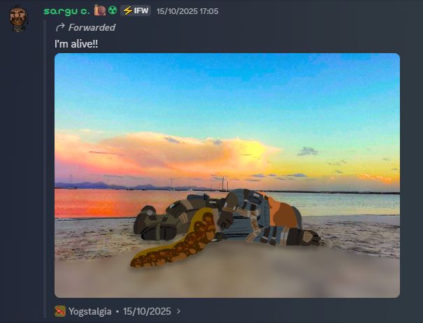 DISCORD SCREENSHOT WHERE SARGU SAYS HE'S ALIVE, THE SLUG IS DOING THE FAMILY GUY DEATH POSE.