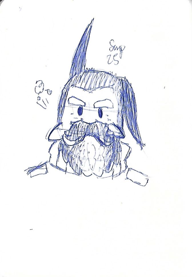 A Pen drawn sketched artwork of the slug man creature, he kinda is doing a "hmpf" expression.