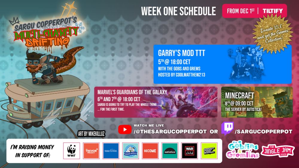 💥 JINGLE JAM 2025 (SARGU'S MULTI-CHARITY DRIFTING) SCHEDULE! - WEEK 1 (All times are approximate)

💀 GMOD TTT (Frdayi 05) 🇺🇸 08:00 AKST (Alaska) 🇺🇸 09:00 PST (US West) 🇺🇸 12:00 EST (US East) 🇧🇷 14:00 BRT (Brazil) 🇬🇧 17:00 GMT (UK) 🇪🇸 18:00 CET (Spain/EU) 🇦🇺 04:00 AEDT (Saturday - Aus)

🪐 GUARDIANS OF THE GALAXY (Saturday 06 & Sunday 07) 🇺🇸 08:00 AKST (Alaska) 🇺🇸 09:00 PST (US West) 🇺🇸 12:00 EST (US East) 🇧🇷 14:00 BRT (Brazil) 🇬🇧 17:00 GMT (UK) 🇪🇸 18:00 CET (Spain/EU) 🇦🇺 04:00 AEDT (Next Day - Aus)

⛏️ MINECRAFT: Autistica Server (Monday 08) 🇺🇸 23:00 AKST (Sunday 07 - Alaska) 🇺🇸 00:00 PST (US West) 🇺🇸 03:00 EST (US East) 🇧🇷 05:00 BRT (Brazil) 🇬🇧 08:00 GMT (UK) 🇪🇸 09:00 CET (Spain/EU) 🇦🇺 19:00 AEDT (Australia)