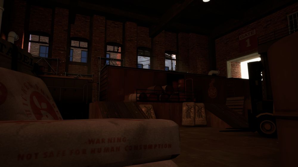 a train loading dock in a dimly lit warehouse, sunlight streams in through the open windows forming dusty godrays in the air. an open boxcar is surrounded by misc barrels and bags of grain and feed.