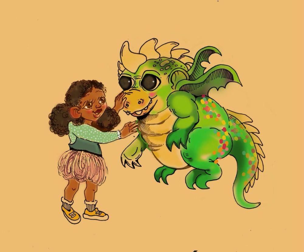A young Black girl with low hanging Afro puffs, wearing a turquoise top, pink bubble skirt, and yellow tennis shoes pets a friendly and , bright eyed, bright green dragon with rainbow colored scales. 