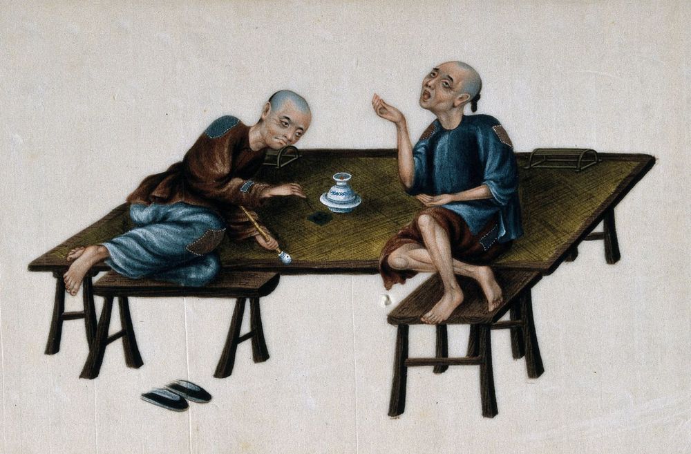 Twee arme Chinese opiumrokers, 19e eeuw. Gouache op rijstpapier. (CC BY 4.0 - Wellcome Collection - wiki)