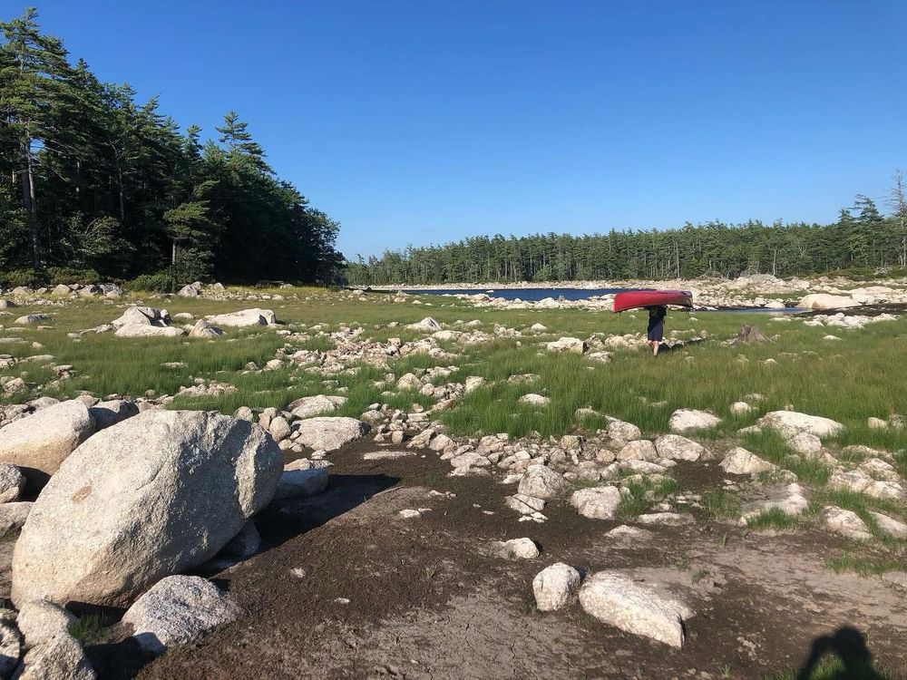 A person carries a red canoe across an open rocky grassy portage.