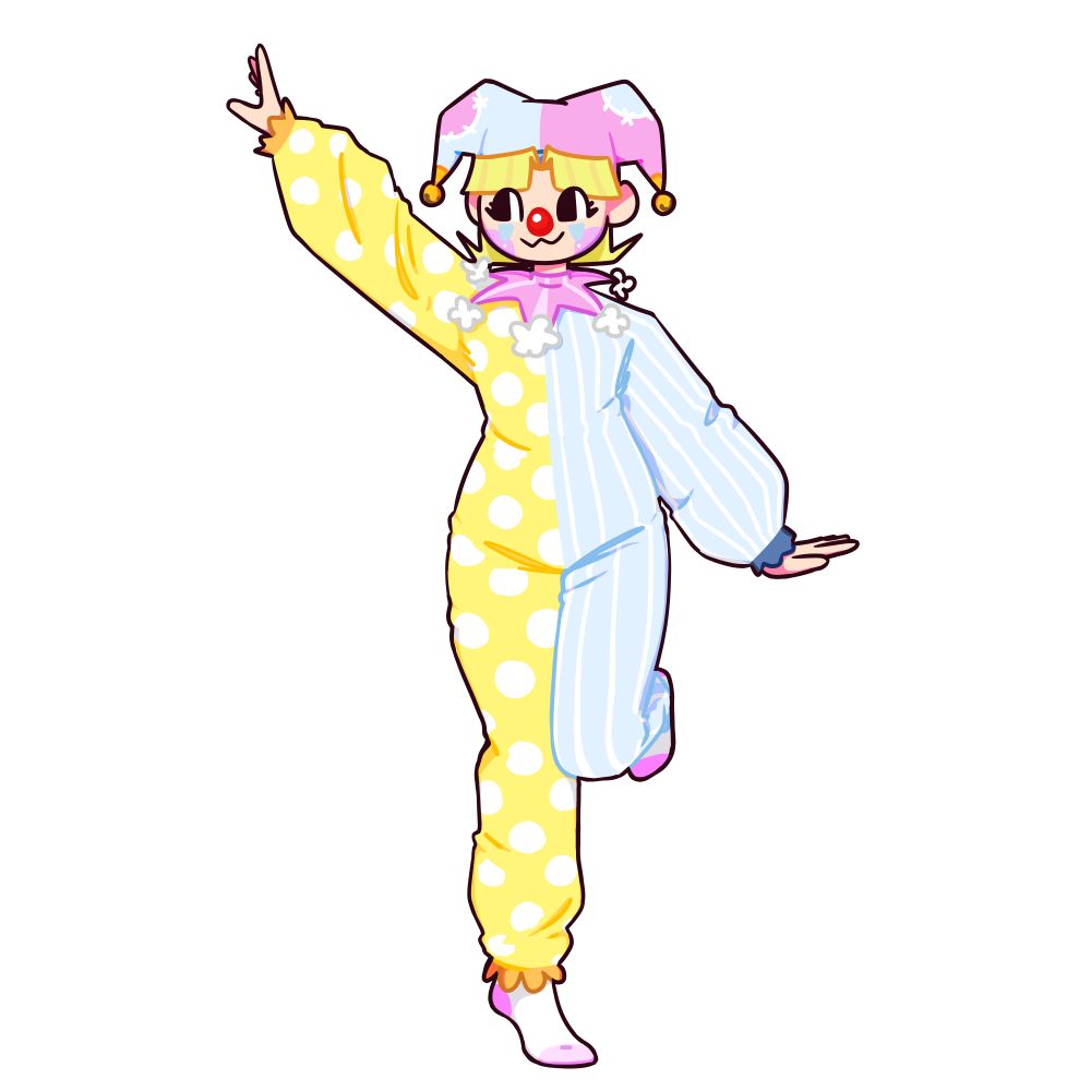 Artwork of my friend shrummrums's clown character.

Fem leaning person with short blond hair. Pink and blue clown makeup with red nose. Wearing a split color jester hat, blue on left, pink on right, both with patches of the other color. And a puffy split color onesie, yellow with white poke-a-dots on the left, blue with vertical stripes on the right, and a pink star-shaped collar with pom-poms on each point.

Left arm is pointed upwards. Right arm is pointed downwards. And right leg is bent and kicked back.