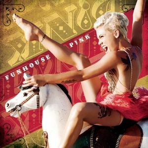 Pink Funhouse album cover with Pink on a horse from a carousel ride