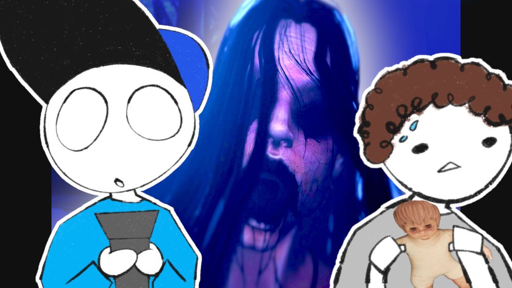 A thumbnail for a YouTube video where Mewse and friends play a mobile horror game called "Pacify", the thumbnail features Mewse and Sky holding a flashlight and baby doll from the game respectively, as a scary lady from the game peers from behind them.