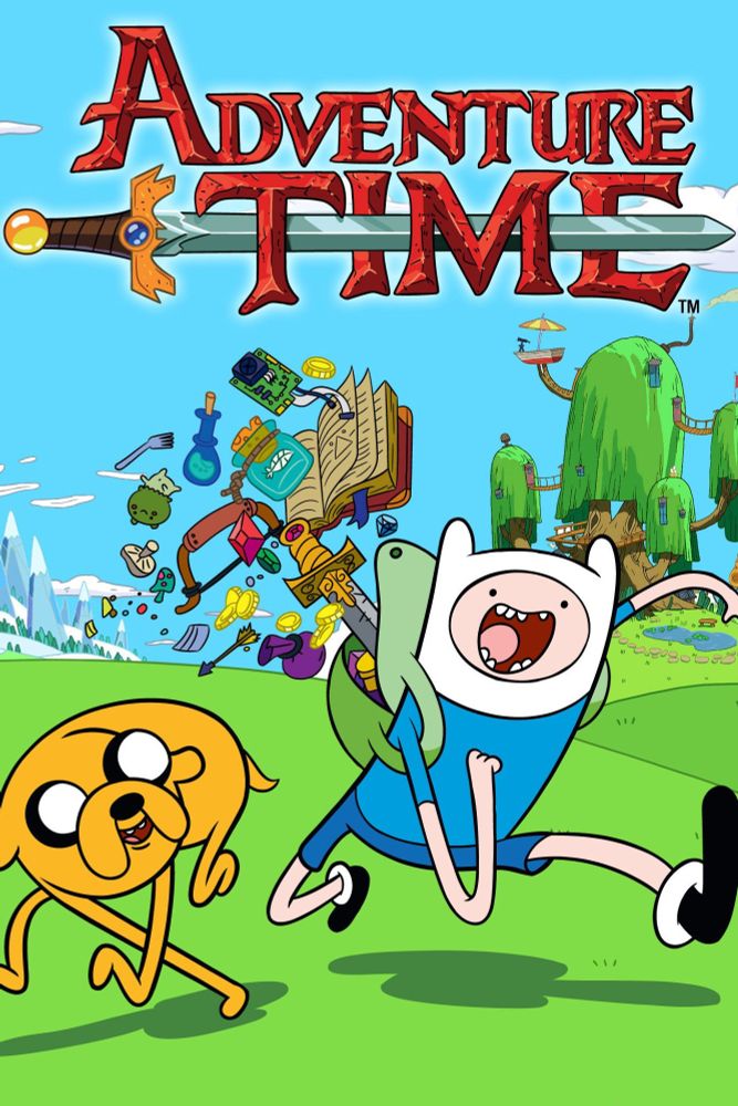 A poster for Pendleton Ward's 2010 animated show "Adventure Time", depicting the series' two main protagonists Finn and Jake striking poses while running in a grassy field, as items and loot fly from Finn's backpack. The background shows Finn and Jake's treehouse to the right, and the Ice Kingdom to the left. The stylized logo of the show rests at the top of the poster, reading "ADVENTURE TIME"