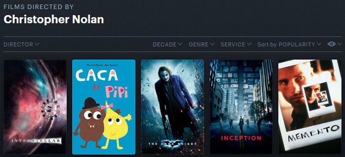 FILMS DIRECTED BY CHRISTOPHER NOLAN: "Interstellar", "Caca et Pipi", "The Dark Knight", "Inception", "Memento".
