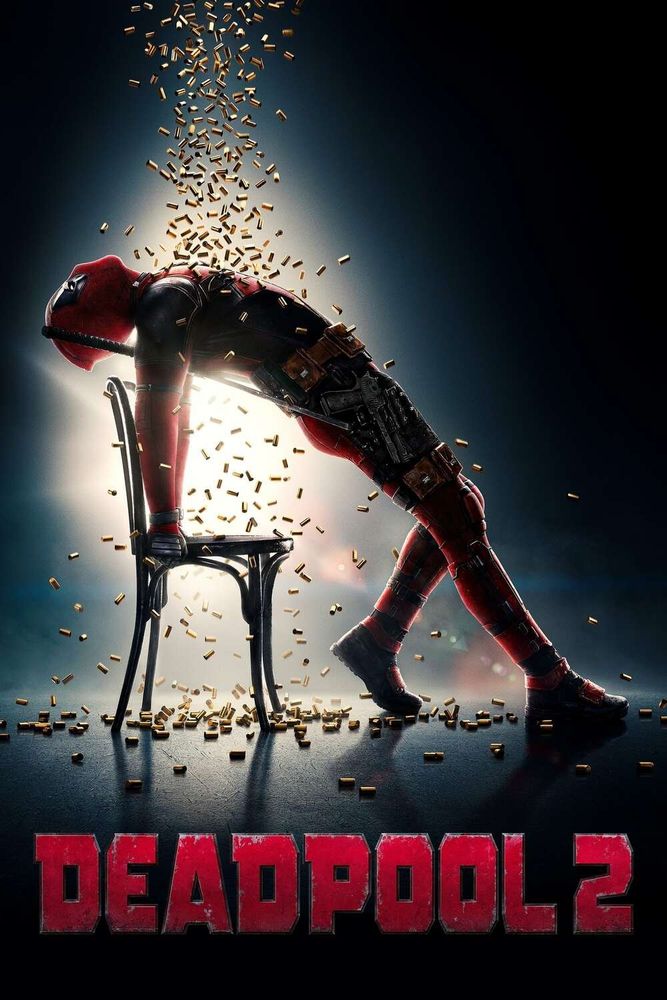A poster for David Leitch's 2018 film "Deadpool 2", depicting it's title character striking a dramatic post on a chair, facing the sky as bullets rain down over him, all once again over a simple dark background. The movie's title rests at the bottom of the poster, reading in bold red text "DEADPOOL 2"
