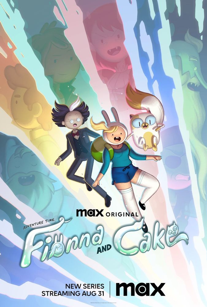 A poster for Adam Muto and Pendleton Ward's animated show "Adventure Time: Fionna and Cake", depicting the series' three main characters: Fionna, Cake and Simon falling through a glowing white stream down to the bottom right of the poster, as the stream breaks off towards the middle and top left of the poster showing streaks of alternate versions of the series' characters. The show's title rests towards the bottom of the poster, reading "MAX ORIGINAL ADVENTURE TIME Fionna AND Cake".