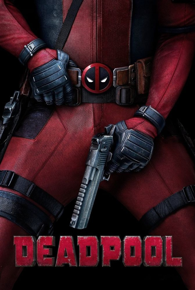 A poster for Tim Miller's 2016 film "Deadpool", depicting the title character's lower body over a simple black background, centered at hip level as he adjusts his belt with one hand, and holds a gun over his groin with the other. The movie's title rests at the bottom of the poster, reading in bold red text "DEADPOOL"