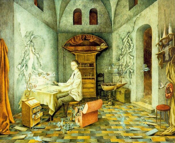 "Harmony" by Remedios Varo features a surreal interior where a figure orchestrates a balance between chaos and order through intricate, quasi-scientific mechanisms. Varo's expert use of perspective and mystical symbolism creates an atmosphere of contemplative introspection, reflective of her distinctive narrative style.