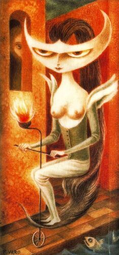 Remedios Varo's depiction of Lady Godiva reimagines the legendary figure navigating a dreamlike, surreal space, swathed in mystical and otherworldly elements. The artwork captures Varo's signature style, blending magical realism with intricate, symbolic details such as elongated figures and mysterious backgrounds.
