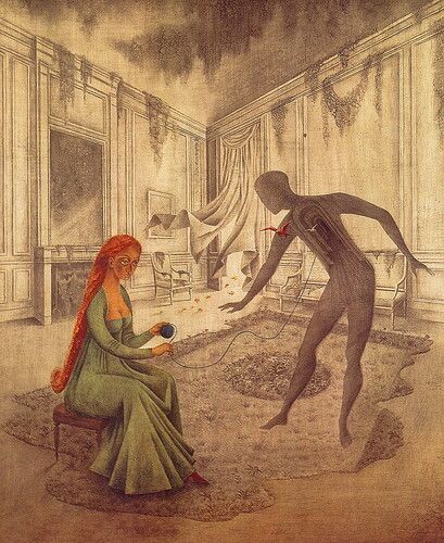 "Dead Leaves" by Remedios Varo presents a surreal scene where a woman with red hair sits calmly, holding a cup from which emerges an ethereal, mannequin-like figure whose chest appears mechanized. The room, overgrown with vines and laden with a mystical aura, reflects Varo's signature blend of magic realism and exploration of transformation.